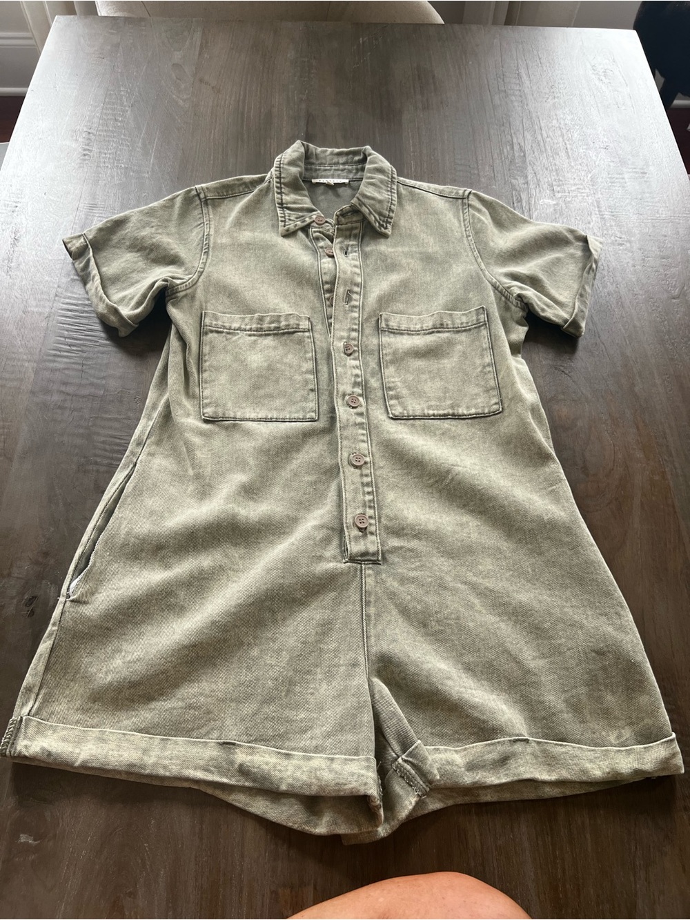 Women's Short Sleeve Jean Romper Shorts - Olive Green